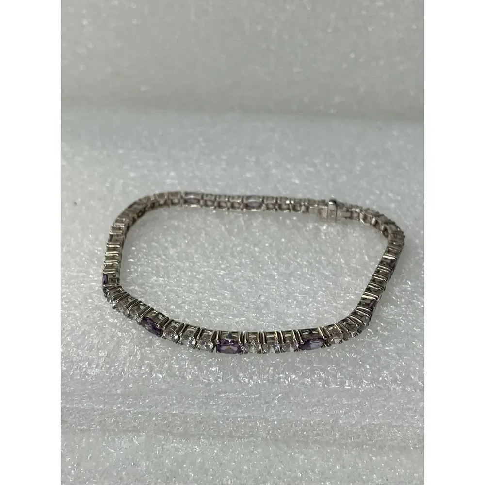 925 Sterling Silver Amethyst Tennis Bracelet 7.5” Long - Picture 3 of 8